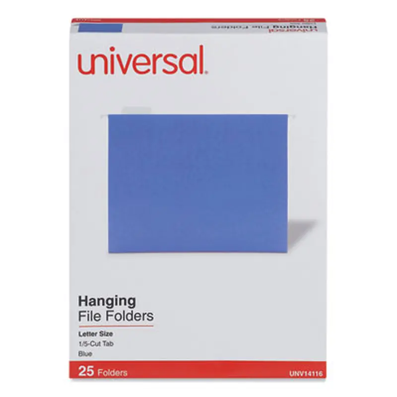 Deluxe Bright Color Hanging File Folders, Letter Size, 1/5-Cut Tabs, Blue, 25/Box - Hanging File Folders | Universal