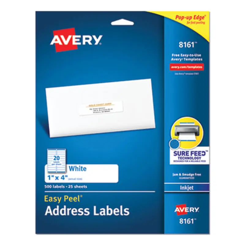 Easy Peel White Address Labels w/ Sure Feed Technology, Inkjet Printers, 1 x 4, White, 20/Sheet, 25 Sheets/Pack - Shipping & Mailing Labels | Avery