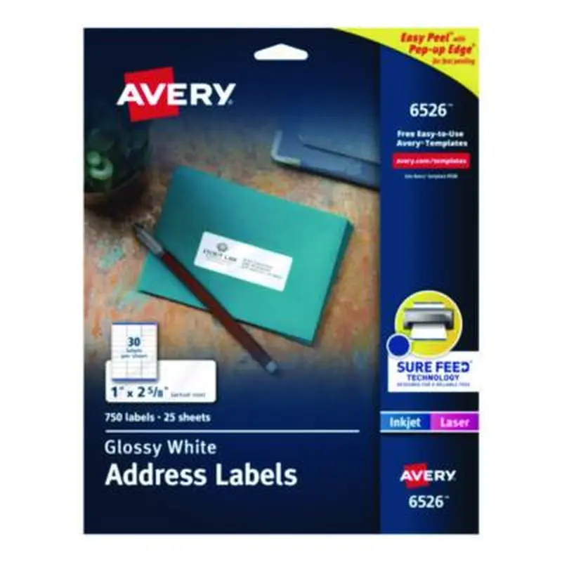 Glossy White Easy Peel Mailing Labels w/ Sure Feed Technology, Laser Printers, 1 x 2.63, White, 30/Sheet, 25 Sheets/Pack - Shipping & Mailing Labels | Avery