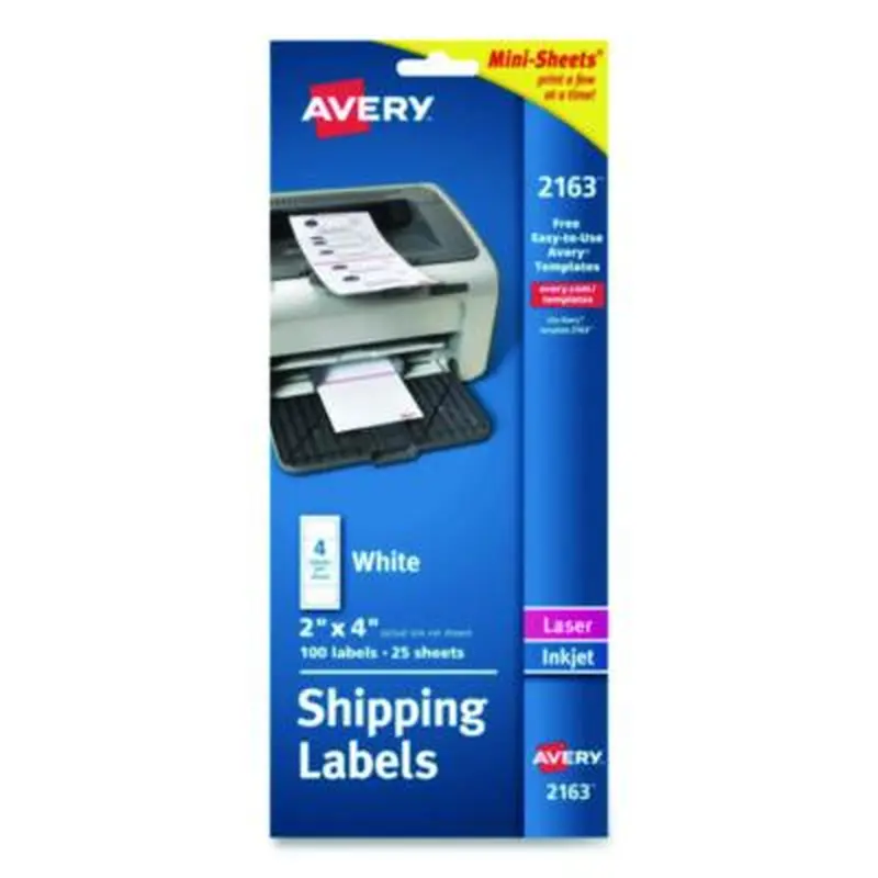 Mini-Sheets Mailing Labels, Inkjet/Laser Printers, 2 x 4, White, 4/Sheet, 25 Sheets/Pack - Shipping & Mailing Labels | Avery
