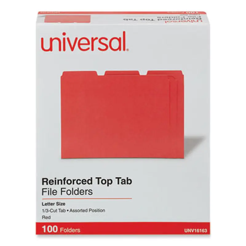 Reinforced Top-Tab File Folders, 1/3-Cut Tabs: Assorted, Letter Size, 1" Expansion, Red, 100/Box - File Folders | Universal