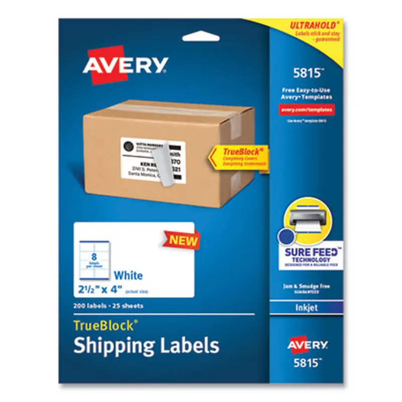 Shipping Labels with TrueBlock Technology, Inkjet Printers, 2.5 x 4, White, 8 Labels/Sheet, 25 Sheets/Pack - Shipping & Mailing Labels | Avery