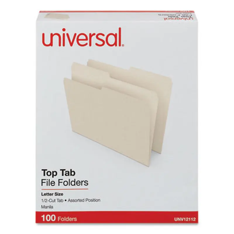 Top Tab File Folders, 1/2-Cut Tabs: Assorted, Letter Size, 0.75" Expansion, Manila, 100/Box - File Folders | Universal