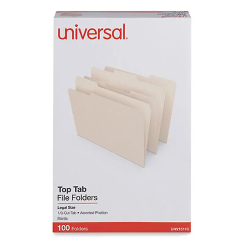 Top Tab File Folders, 1/3-Cut Tabs: Assorted, Legal Size, 0.75" Expansion, Manila, 100/Box - File Folders | Universal