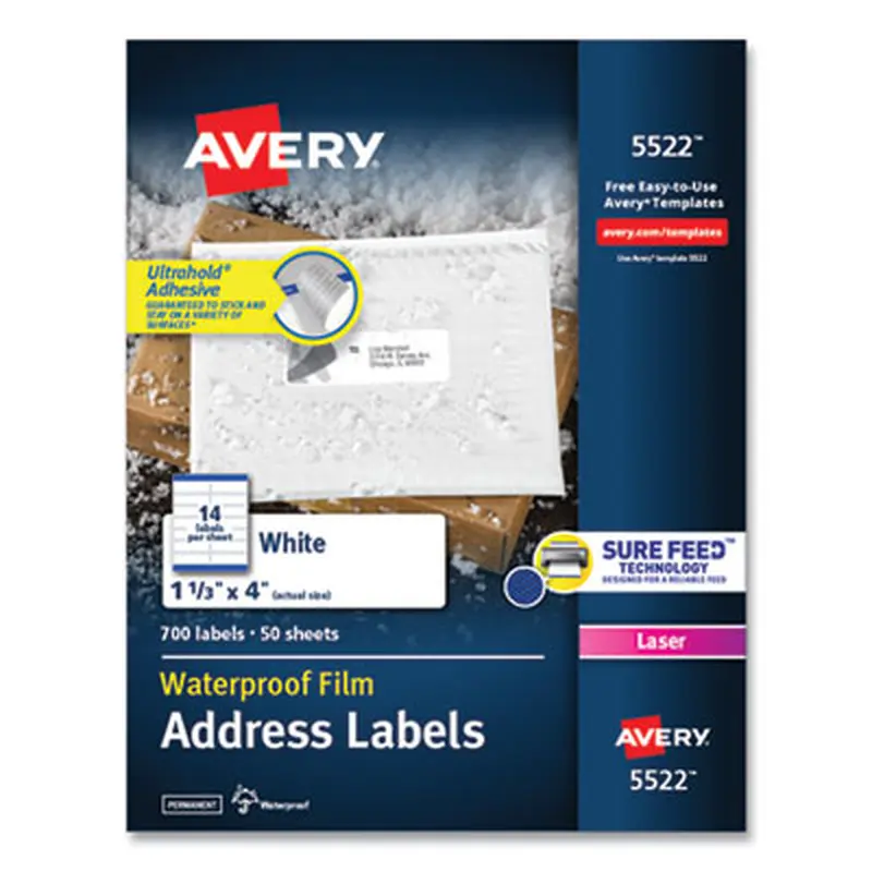 Waterproof Address Labels with TrueBlock and Sure Feed, Laser Printers, 1.33 x 4, White, 14/Sheet, 50 Sheets/Pack - Shipping & Mailing Labels | Avery