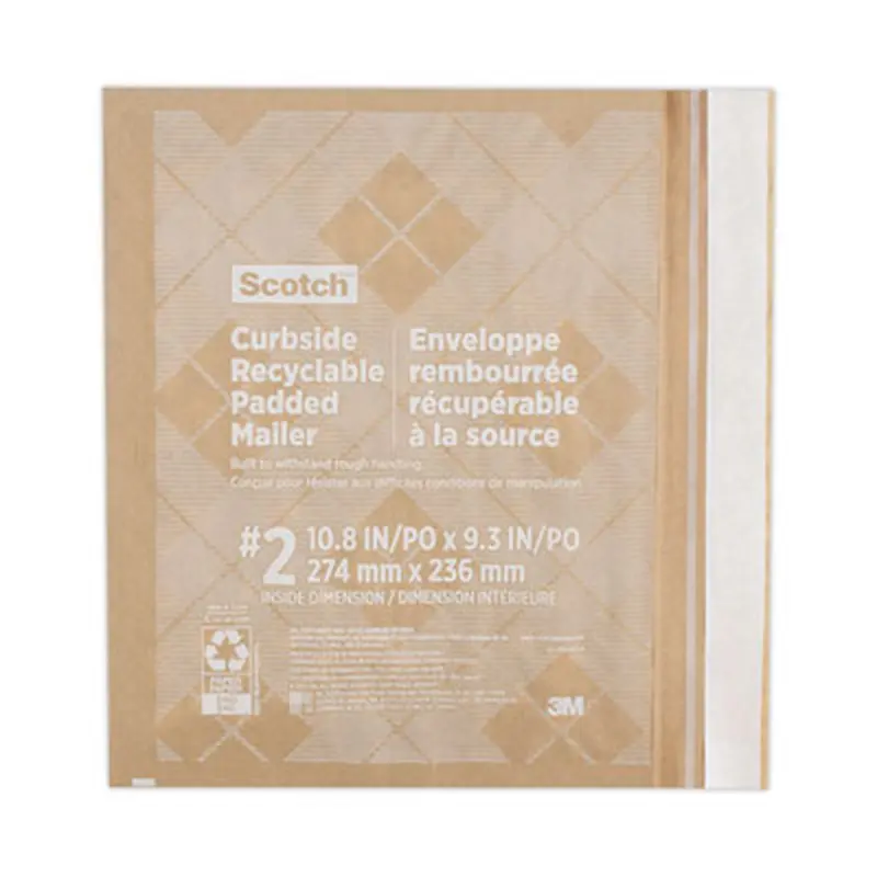 Curbside Recyclable Padded Mailer, #2, Bubble Cushion, Self-Adhesive Closure, 11.25 x 12, Natural Kraft, 100/Carton - Envelopes & Mailers | Scotch