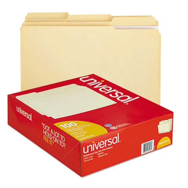 Double-Ply Top Tab Manila File Folders, 1/3-Cut Tabs: Assorted, Letter Size, 0.75" Expansion, Manila, 100/Box - File Folders | Universal