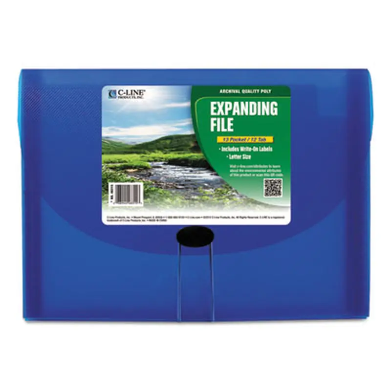 Expanding Files, 1.63" Expansion, 13 Sections, Cord/Hook Closure, 1/6-Cut Tabs, Letter Size, Blue - File Jackets/Sleeves/Wallets | C-Line