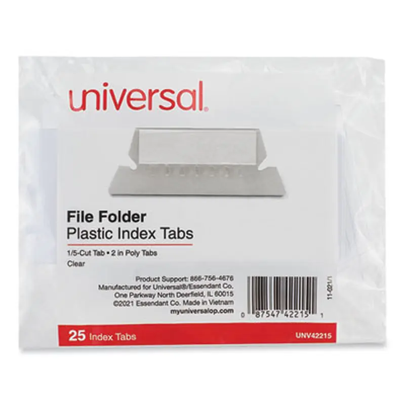 Hanging File Folder Plastic Index Tabs, 1/5-Cut, Clear, 2.25" Wide, 25/Pack - File Inserts/Tabs | Universal