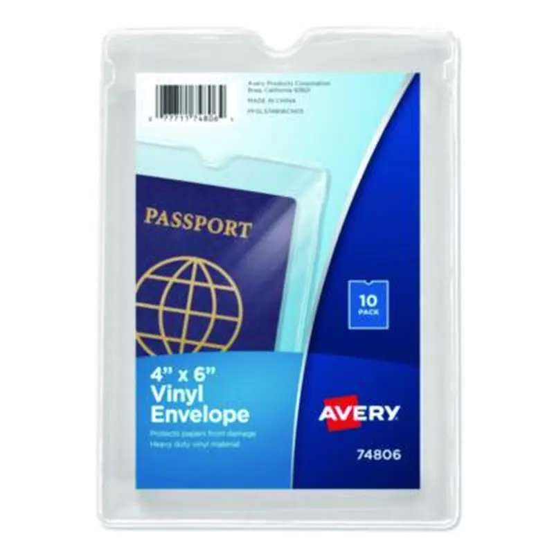 Heavyweight Clear Vinyl Envelope with Thumb Notch, Small Format: Passport Sized, 4 x 6, Clear, 10/Pack - Storage Envelopes | Avery