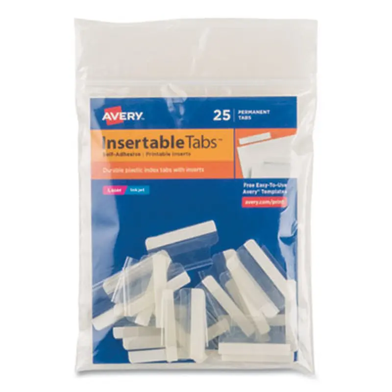 Insertable Index Tabs with Printable Inserts, 1/5-Cut, Clear, 1" Wide, 25/Pack - File Inserts/Tabs | Avery