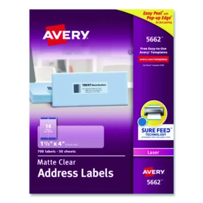 Matte Clear Easy Peel Mailing Labels w/ Sure Feed Technology, Laser Printers, 1.33 x 4, Clear, 14/Sheet, 50 Sheets/Box - Shipping & Mailing Labels | Avery