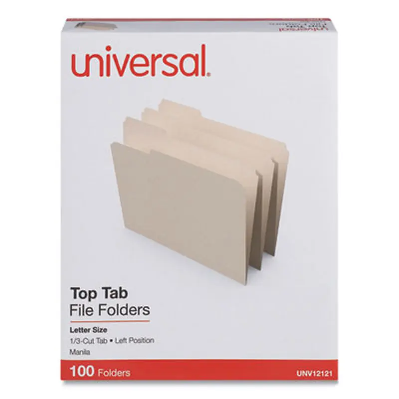 Top Tab File Folders, 1/3-Cut Tabs: Left Position, Letter Size, 0.75" Expansion, Manila, 100/Box - File Folders | Universal