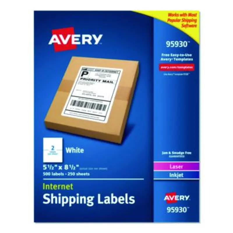 White Shipping Labels-Bulk Packs, Inkjet/Laser Printers, 5.5 x 8.5, White, 2/Sheet, 250 Sheets/Box - Shipping & Mailing Labels | Avery