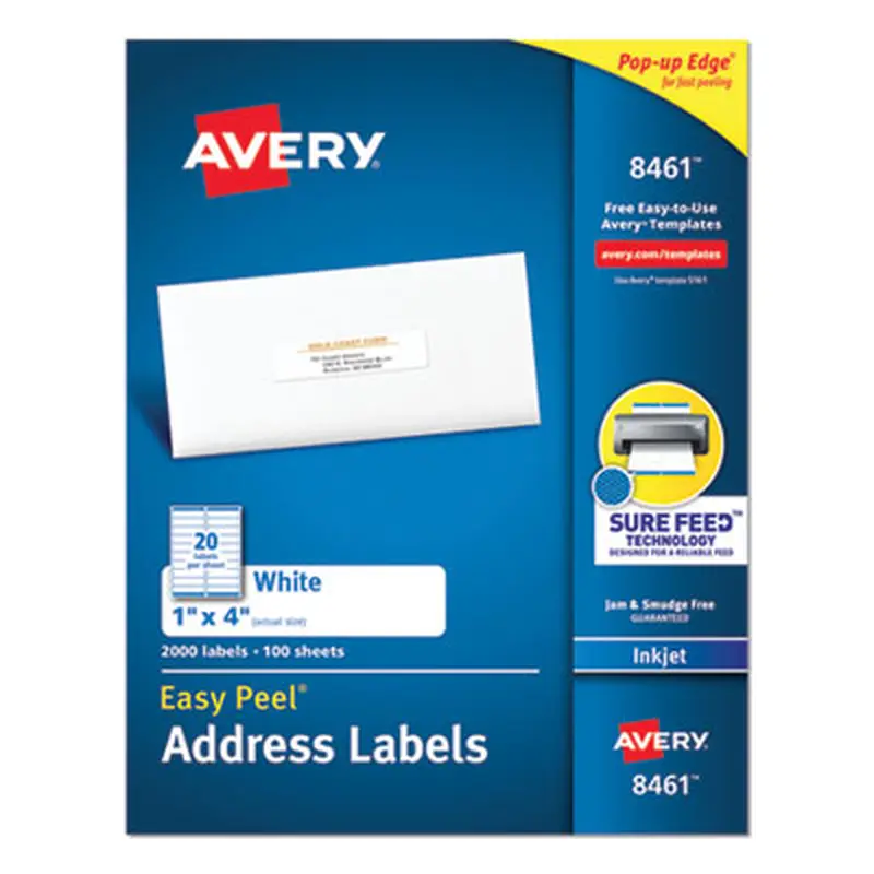 Easy Peel White Address Labels w/ Sure Feed Technology, Inkjet Printers, 1 x 4, White, 20/Sheet, 100 Sheets/Box - Shipping & Mailing Labels | Avery