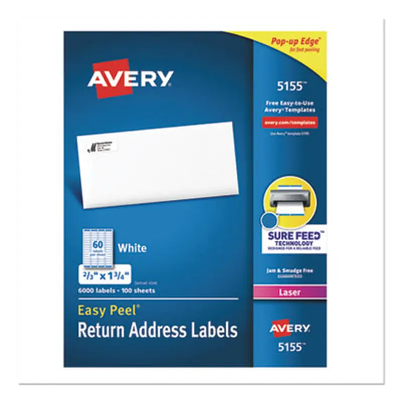 Easy Peel White Address Labels w/ Sure Feed Technology, Laser Printers, 0.66 x 1.75, White, 60/Sheet, 100 Sheets/Pack - Shipping & Mailing Labels | Avery