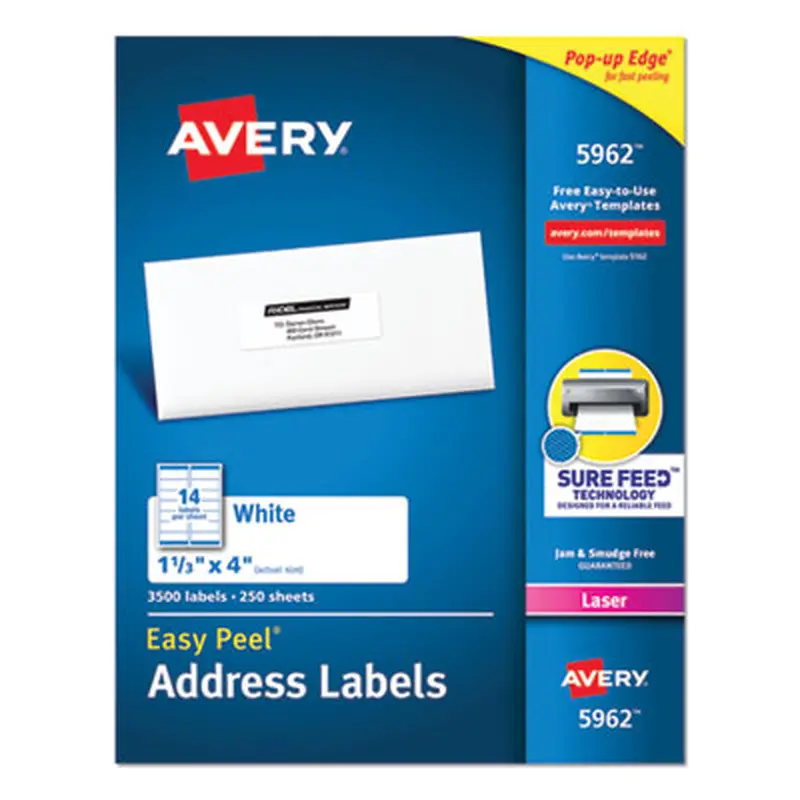 Easy Peel White Address Labels w/ Sure Feed Technology, Laser Printers, 1.33 x 4, White, 14/Sheet, 250 Sheets/Box - Shipping & Mailing Labels | Avery