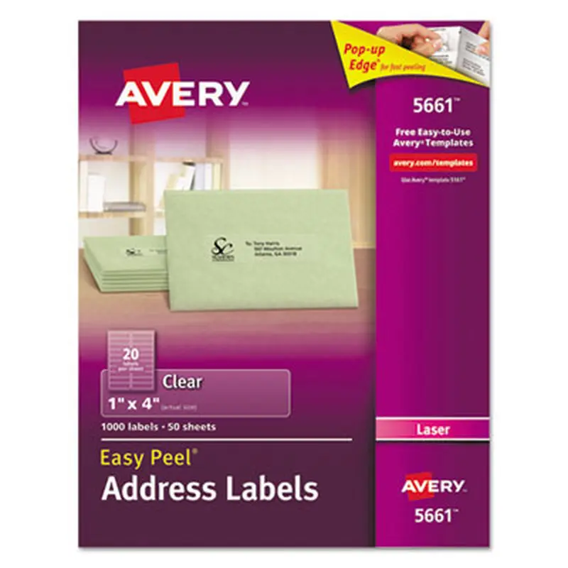 Matte Clear Easy Peel Mailing Labels w/ Sure Feed Technology, Laser Printers, 1 x 4, Clear, 20/Sheet, 50 Sheets/Box - Shipping & Mailing Labels | Avery