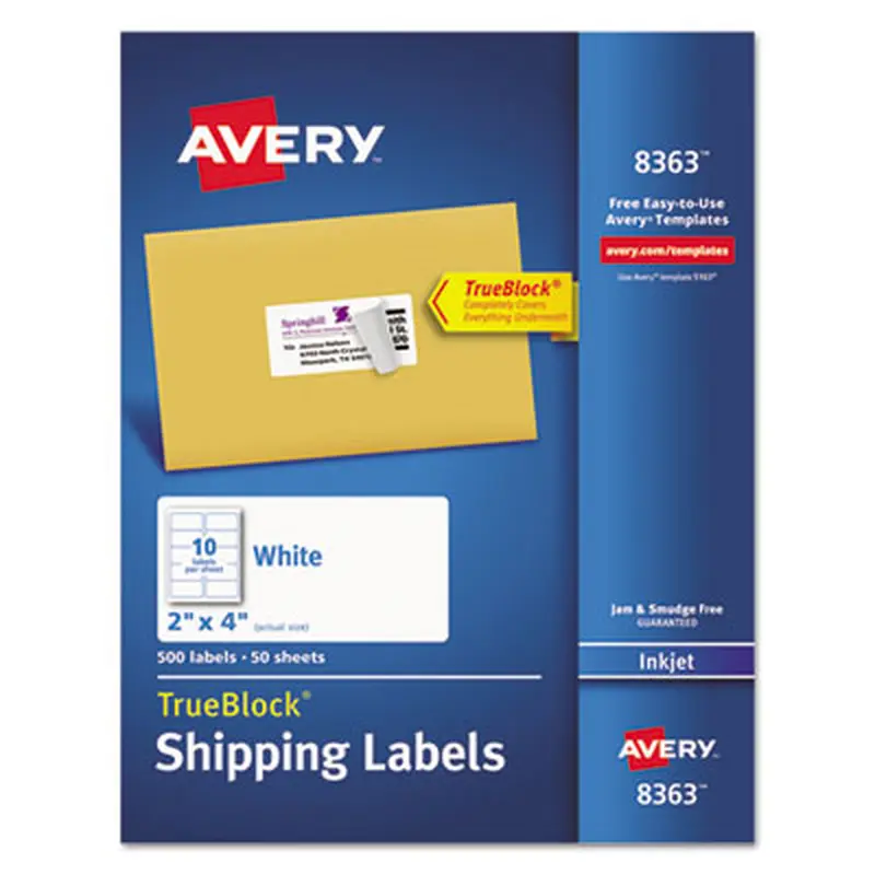 Shipping Labels w/ TrueBlock Technology, Inkjet Printers, 2 x 4, White, 10/Sheet, 50 Sheets/Box - Shipping & Mailing Labels | Avery