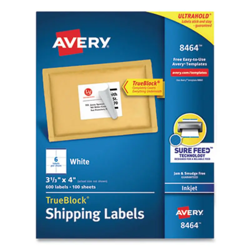 Shipping Labels w/ TrueBlock Technology, Inkjet Printers, 3.33 x 4, White, 6/Sheet, 100 Sheets/Box - Shipping & Mailing Labels | Avery