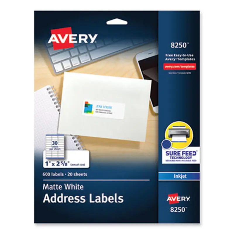 Vibrant Inkjet Color-Print Labels w/ Sure Feed, 1 x 2.63, Matte White, 600/PK - Shipping & Mailing Labels | Avery