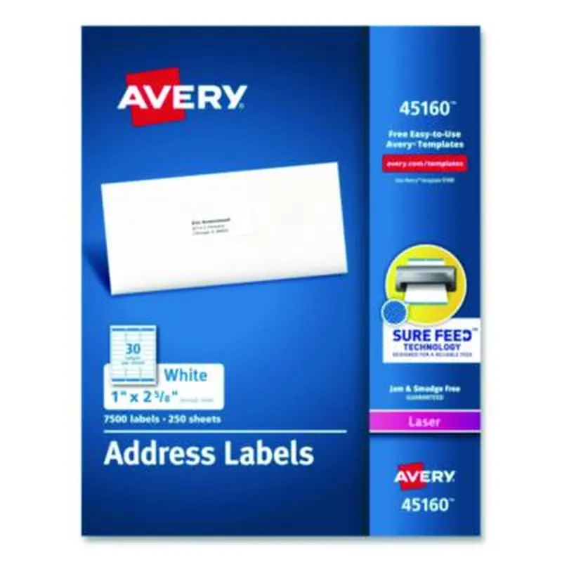 White Address Labels w/ Sure Feed Technology for Laser Printers, Laser Printers, 1 x 2.63, White, 30/Sheet, 250 Sheets/Box - Shipping & Mailing Labels | Avery