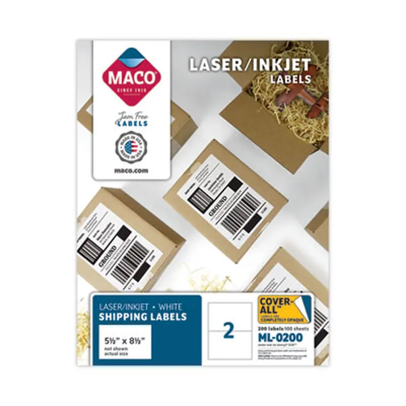 Cover-All Opaque Laser/Inkjet Shipping Labels, Internet Format, 5.5 x 8.5, White, 2 Labels/Sheet, 100 Sheets/Box - Shipping & Mailing Labels | MACO