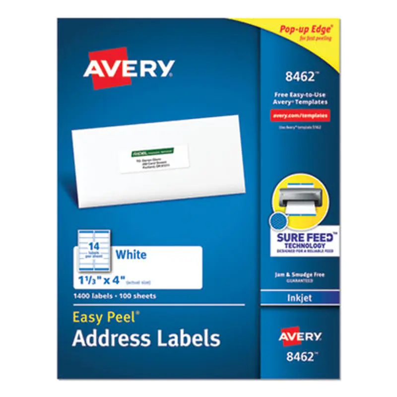 Easy Peel White Address Labels w/ Sure Feed Technology, Inkjet Printers, 1.33 x 4, White, 14/Sheet, 100 Sheets/Box - Shipping & Mailing Labels | Avery