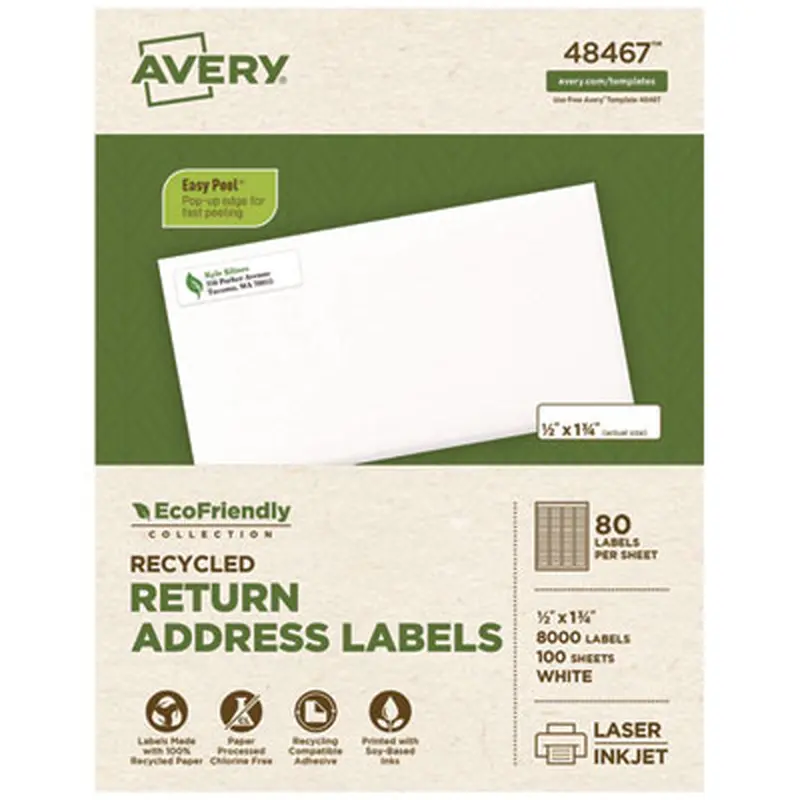 EcoFriendly Mailing Labels, Inkjet/Laser Printers, 0.5 x 1.75, White, 80/Sheet, 100 Sheets/Pack - Shipping & Mailing Labels | Avery