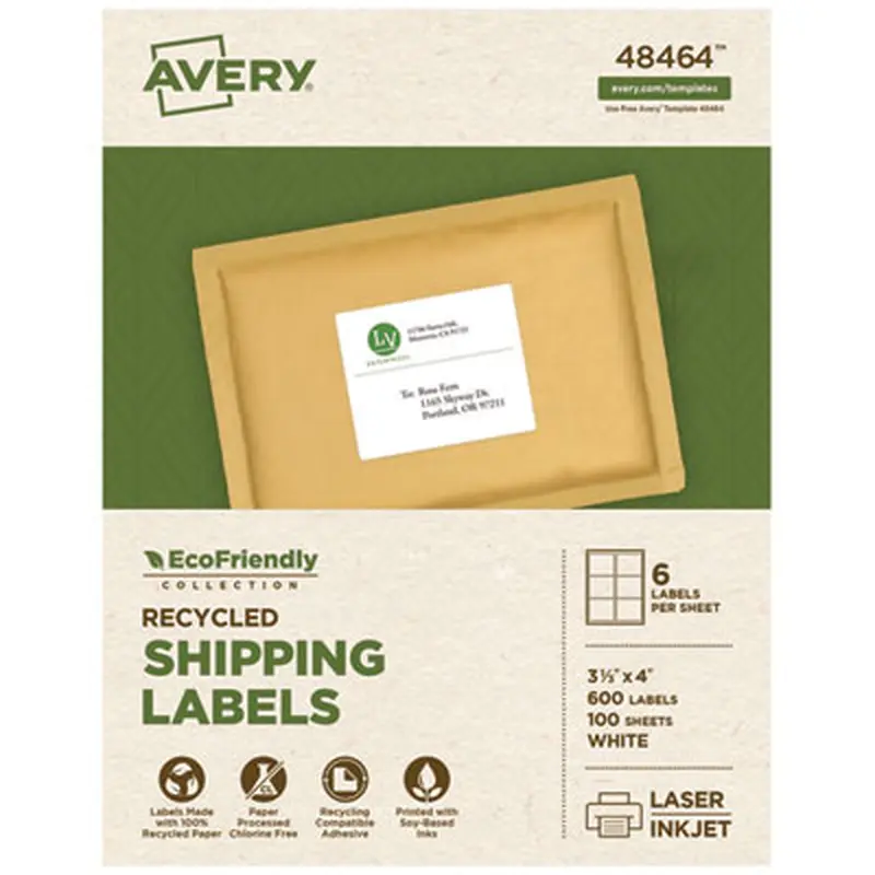 EcoFriendly Mailing Labels, Inkjet/Laser Printers, 3.33 x 4, White, 6/Sheet, 100 Sheets/Pack - Shipping & Mailing Labels | Avery