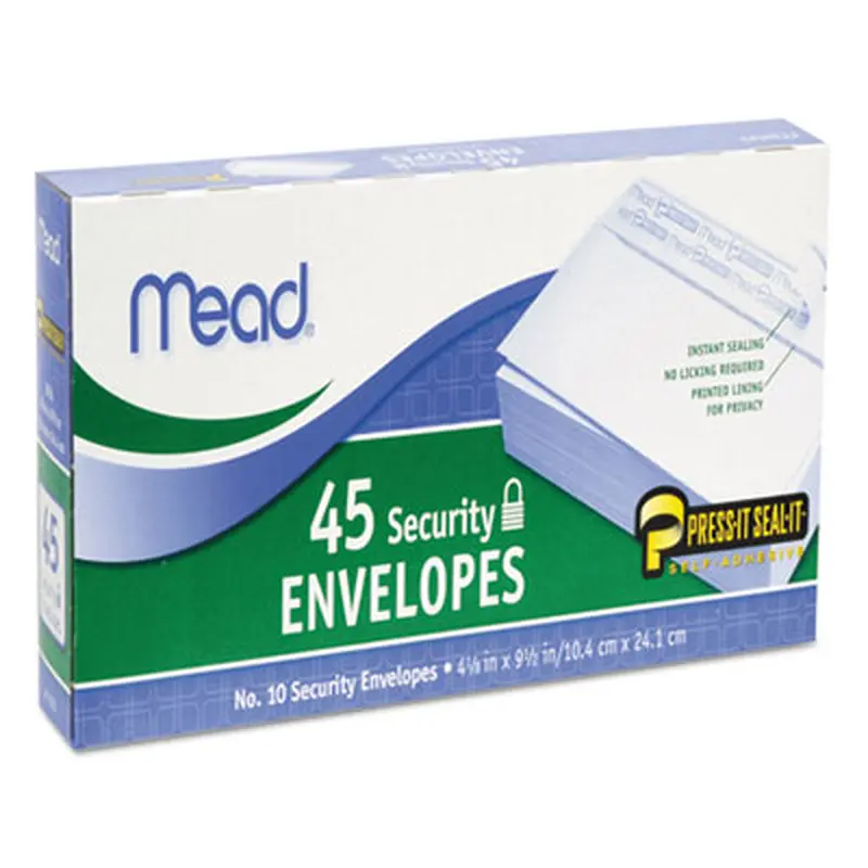 Press-it Seal-it Self-Adhesive Security Envelope, #10, Monarch Flap, Self-Adhesive Closure, 4.25 x 9.13, White, 45/Box - Business Envelopes | Mead