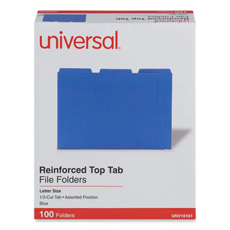 Reinforced Top-Tab File Folders, 1/3-Cut Tabs: Assorted, Letter Size, 1" Expansion, Blue, 100/Box - File Folders | Universal