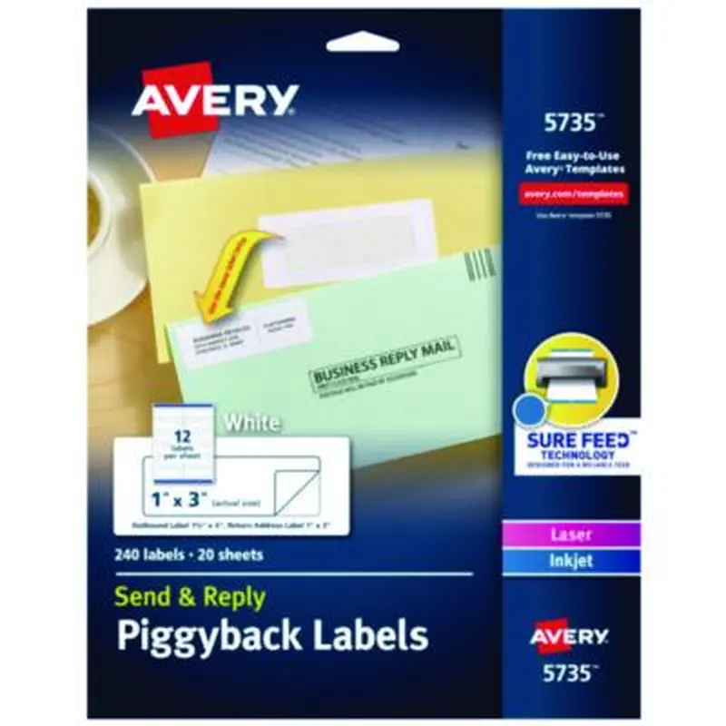 Send and Reply Piggyback Labels, Inkjet/Laser Printers, 1.63 x 4, White, 12/Sheet, 20 Sheets/Pack - Shipping & Mailing Labels | Avery