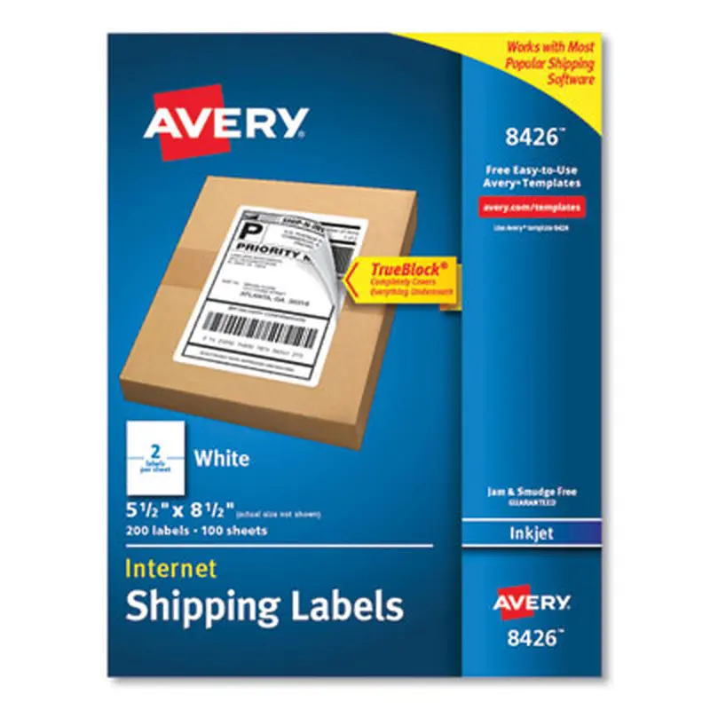 Shipping Labels with TrueBlock Technology, Inkjet Printers, 5.5 x 8.5, White, 2 Labels/Sheet, 100 Sheets/Pack, 2 Packs - Shipping & Mailing Labels | Avery