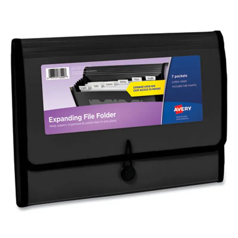 Expanding File Folder Organizer, 7 Sections, Hook/Loop Closure, Letter Size, Black - File Jackets/Sleeves/Wallets | Avery
