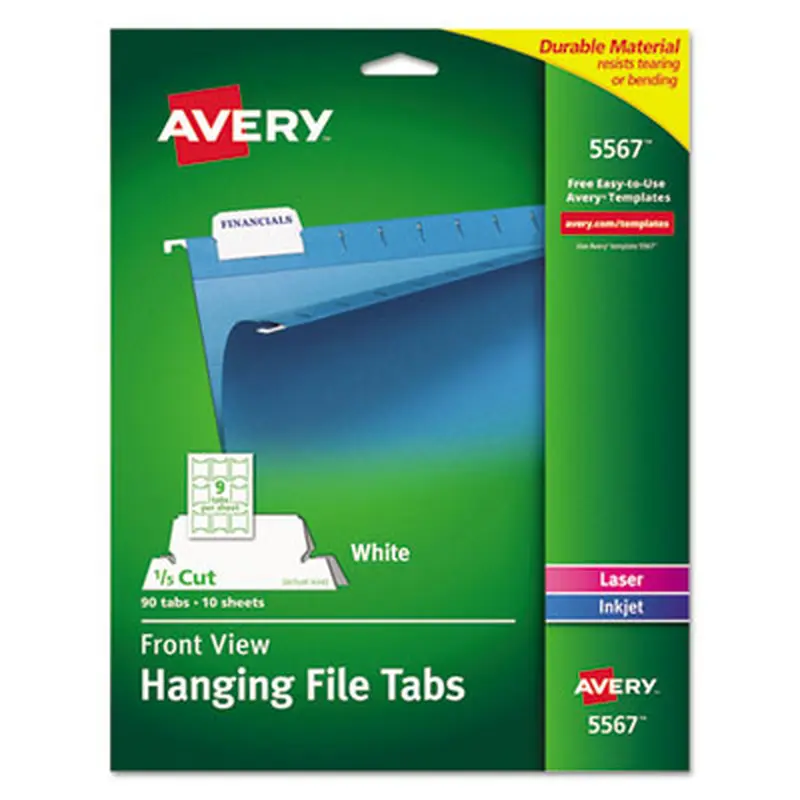 Laser Printable Hanging File Tabs, 1/5-Cut, White, 2.06" Wide, 90/Pack - File Inserts/Tabs | Avery