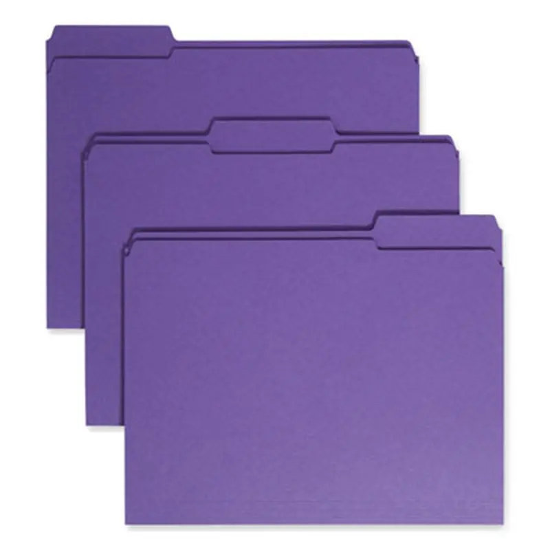 Reinforced Top Tab Colored File Folders, 1/3-Cut Tabs: Assorted, Letter Size, 0.75" Expansion, Purple, 100/Box - File Folders | Smead