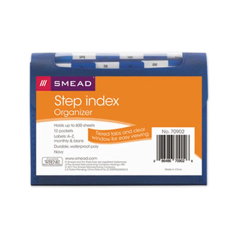 Step Index Organizer, 12 Sections, Cord/Hook Closure, 1/6-Cut Tabs, Letter Size, Navy - File Jackets/Sleeves/Wallets | Smead