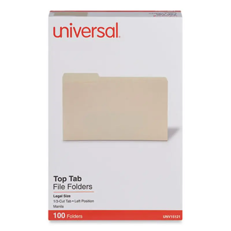 Top Tab File Folders, 1/3-Cut Tabs: Left Position, Legal Size, 0.75" Expansion, Manila, 100/Box - File Folders | Universal