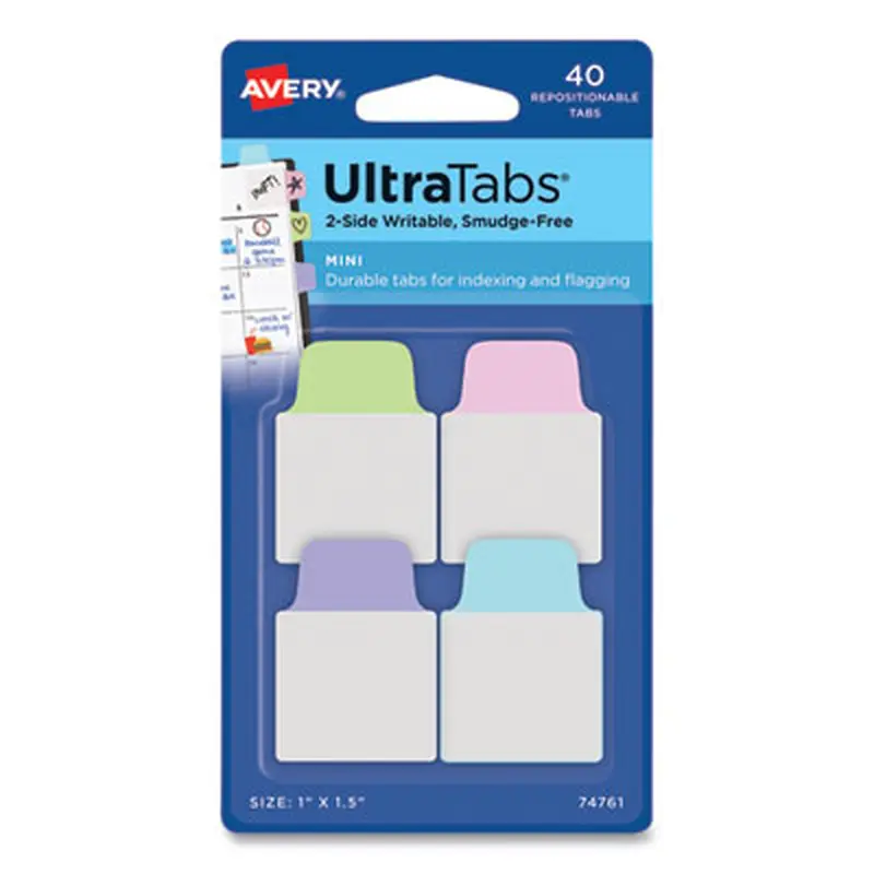 Ultra Tabs Repositionable Tabs, Mini Tabs: 1" x 1.5", 1/5-Cut, Assorted Pastel Colors, 40/Pack - File Inserts/Tabs | Avery