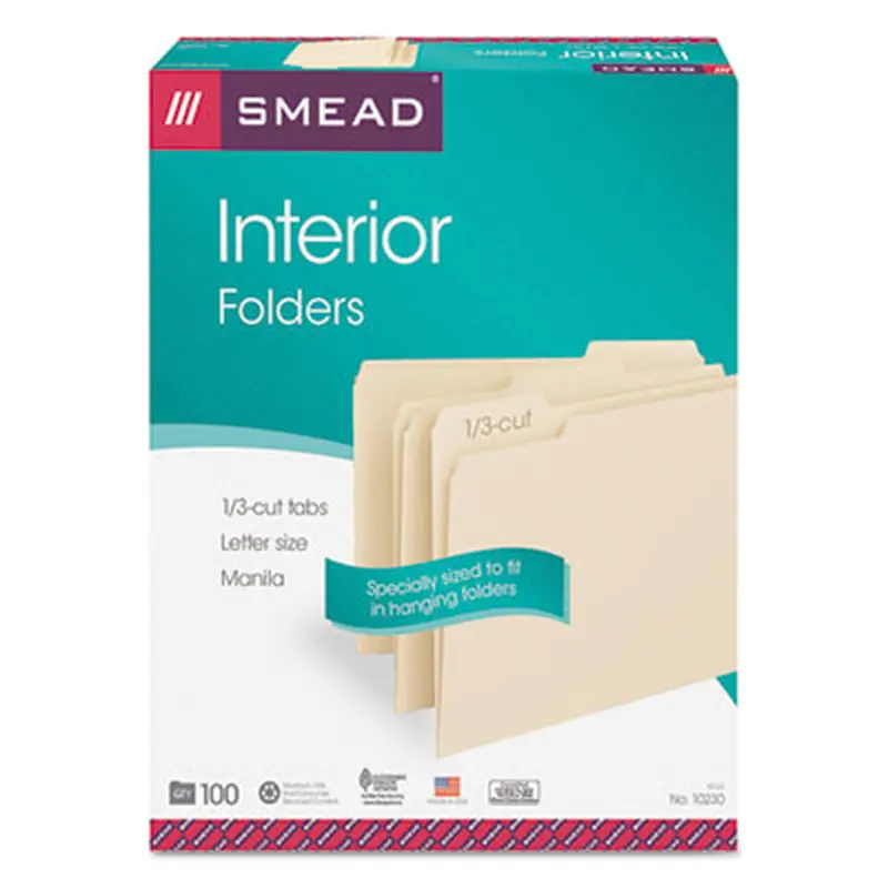 Interior File Folders, 1/3-Cut Tabs: Assorted, Letter Size, 0.75" Expansion, Manila, 100/Box - File Folders | Smead