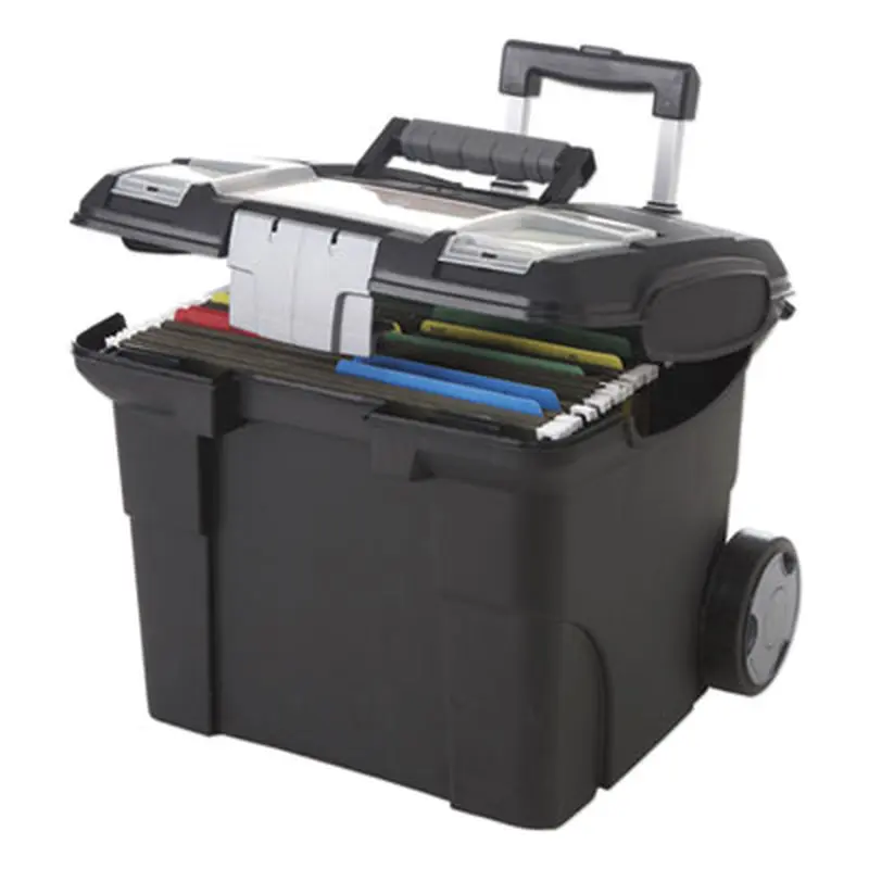 Premium Mobile File Transport Box with Telescoping Handle and Organizer Tray, Letter Files, 15" x 16.38" x 14.25", Black/Gray - File Boxes | Storex