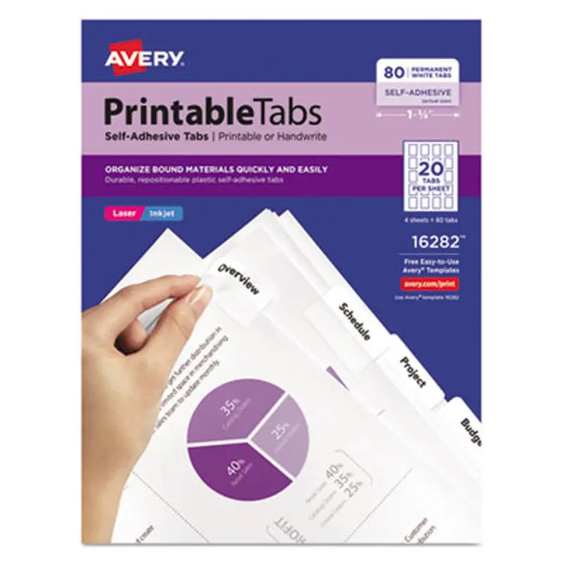 Printable Plastic Tabs with Repositionable Adhesive, 1/5-Cut, White, 1.75" Wide, 80/Pack - File Inserts/Tabs | Avery