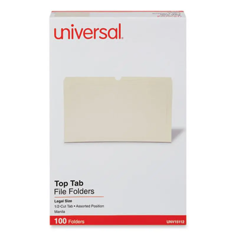 Top Tab File Folders, 1/2-Cut Tabs: Assorted, Legal Size, 0.75" Expansion, Manila, 100/Box - File Folders | Universal