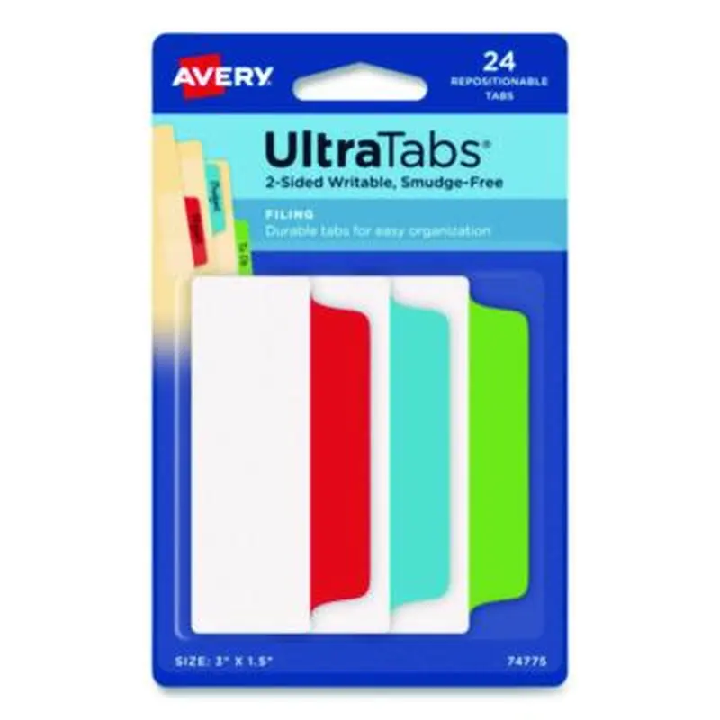 Ultra Tabs Repositionable Tabs, Wide and Slim: 3" x 1.5", 1/3-Cut, Assorted Colors, 24/Pack - File Inserts/Tabs | Avery