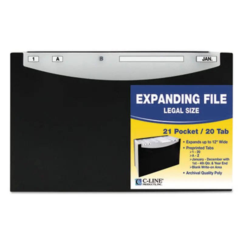 21-Pocket Stand-Up Design Expanding File, 12" Expansion, 21 Sections, 1/5-Cut Tabs, Legal Size, Black - File Jackets/Sleeves/Wallets | C-Line