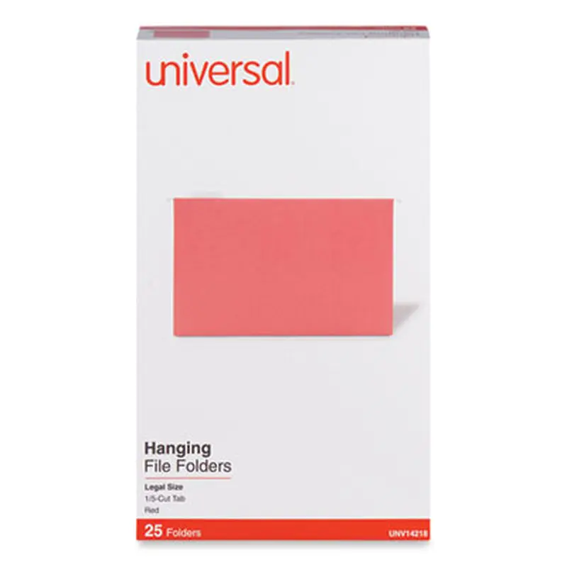 Deluxe Bright Color Hanging File Folders, Legal Size, 1/5-Cut Tabs, Red, 25/Box - Hanging File Folders | Universal