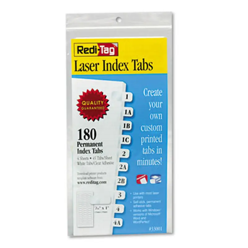 Laser Printable Index Tabs, 1/12-Cut, White, 0.44" Wide, 180/Pack - File Inserts/Tabs | Redi-Tag