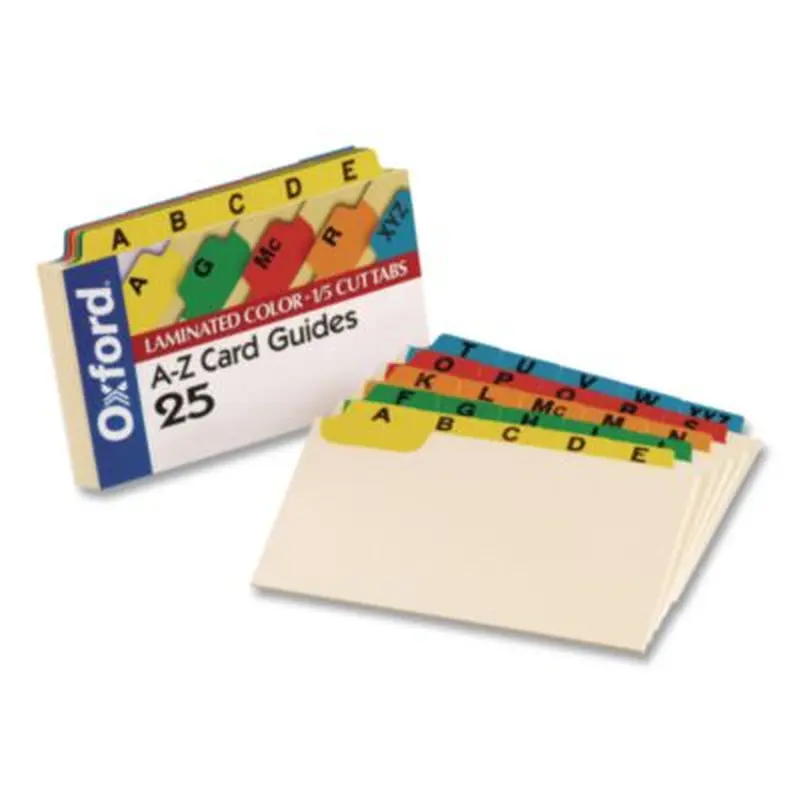 Manila Index Card Guides with Laminated Tabs, 1/5-Cut Top Tab, A to Z, 5 x 8, Manila, 25/Set - File Guides | Oxford