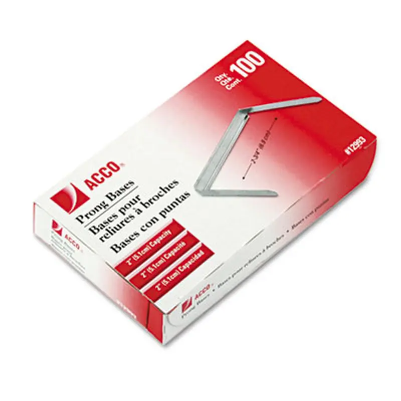 Standard Two-Piece Two-Prong Paper Fastener Bases, 2" Capacity, 2.75" Center to Center, Silver, 100/Box - File Fasteners | ACCO